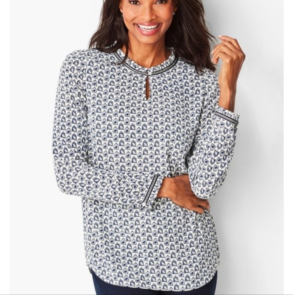 Talbots Grosgrain-Trim Crinkle Long Sleeve Drawstring Blouse Bird Print Size L - Picture 1 of 9